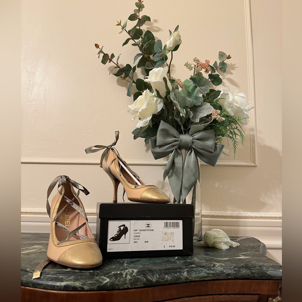 Vintage Chanel Beige & Gold Lace Up Ballerina Cap Toe Pumps